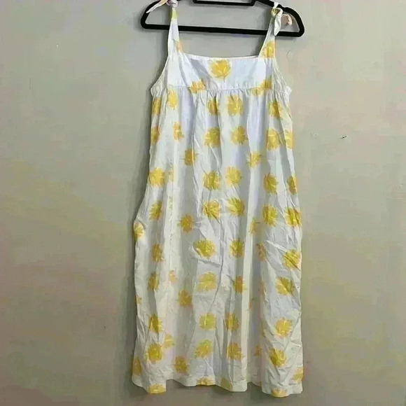Romaine White and Yellow Midi Dress Tie Shoulders with Pockets - Picture 1 of 8